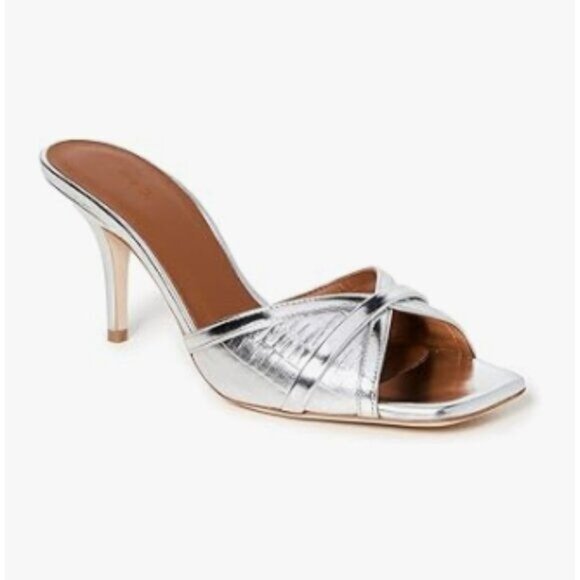 FOWT Silver Metallic Croc-embossed Mules Square Toe Cross Narrow Band Sandals - Picture 1 of 8